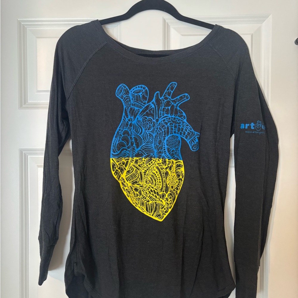 Artery Ink Charcoal gray long sleeve shirt w/ Blue/yellow Ukraine Heart Graphic